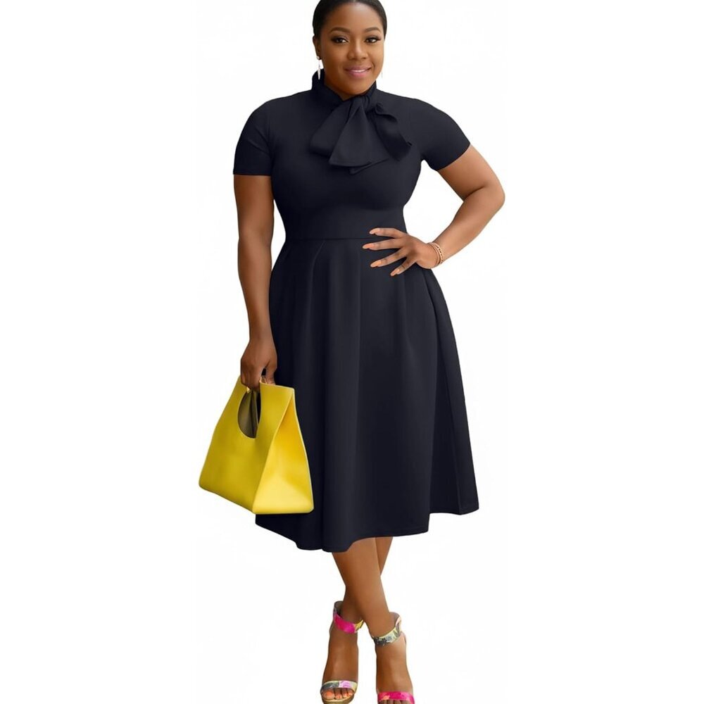 Women's Elegant Casual A-line Dress Short Sleeve Tie Neck Fit and Flare